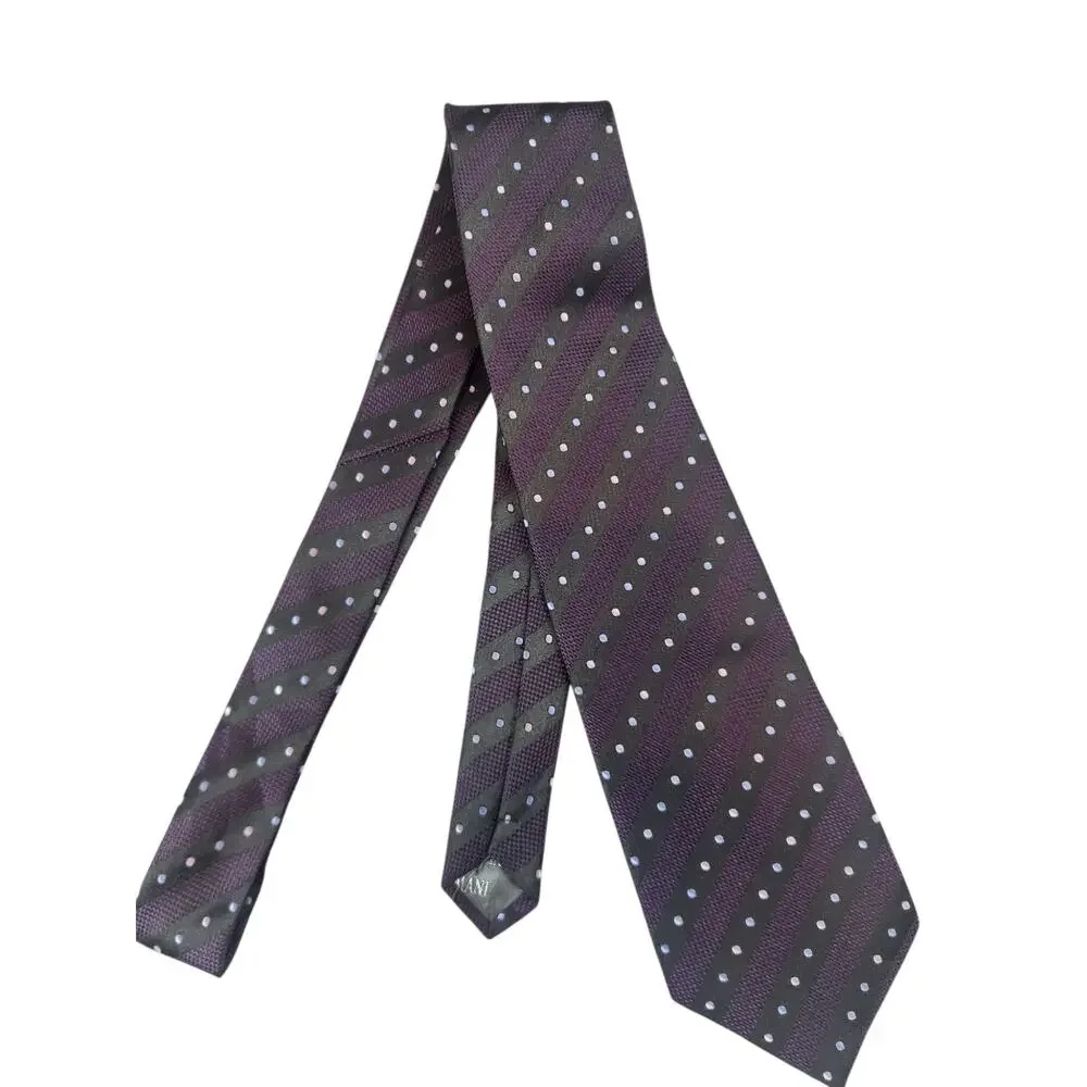 Giorgio Armani 100% Silk Tie Purple Black Striped Polka Dot‎ Made in Italy